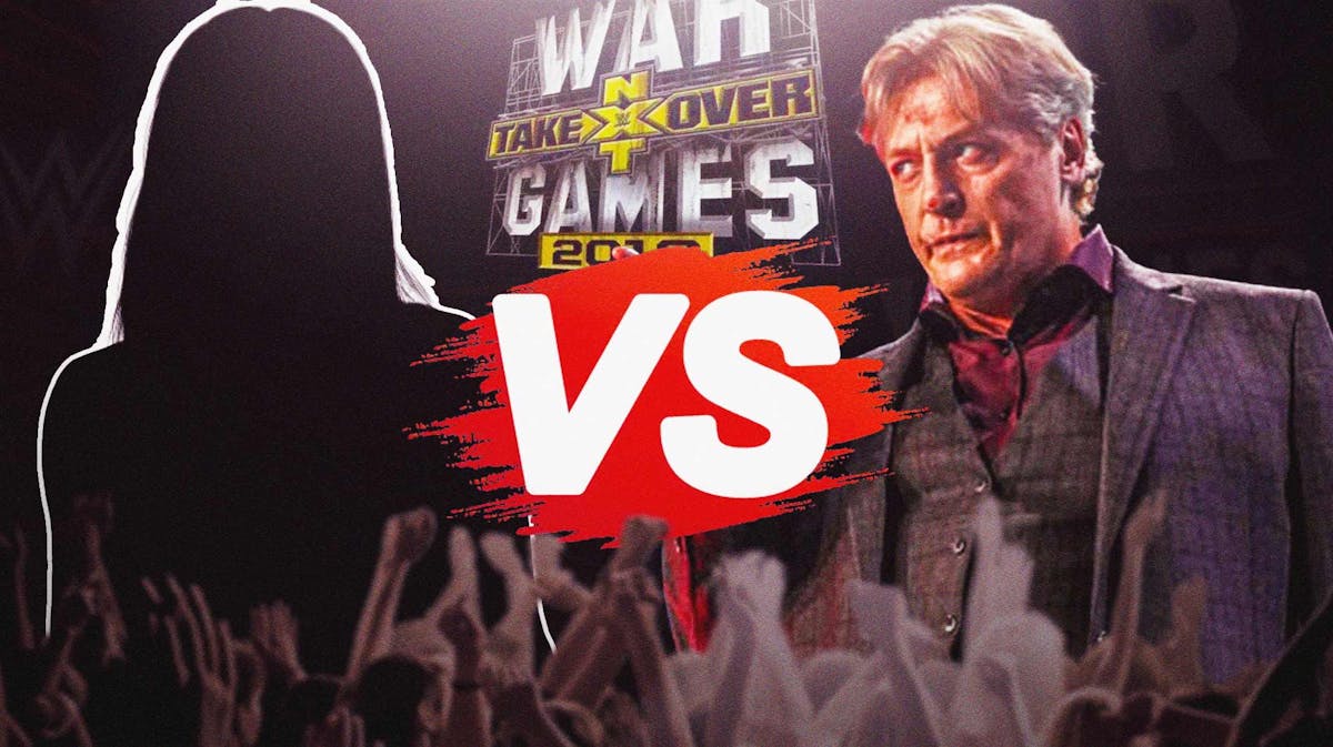 The blacked-out silhouette of Dakota Kai on the left, William Regal on the right with a Vs. symbol in between them and the Takeover: WarGames 2019 logo as the background.