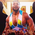 Big E with the blacked-out silhouette of Bron Breakker on his right and the blacked-out silhouette of Carmelo Hayes on his left with the NXT logo as the background.