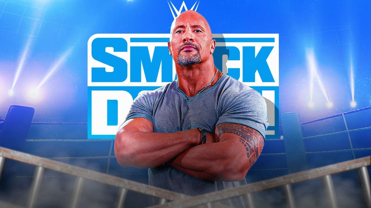 Dwayne “The Rock” Johnson with the SmackDown logo as the background.