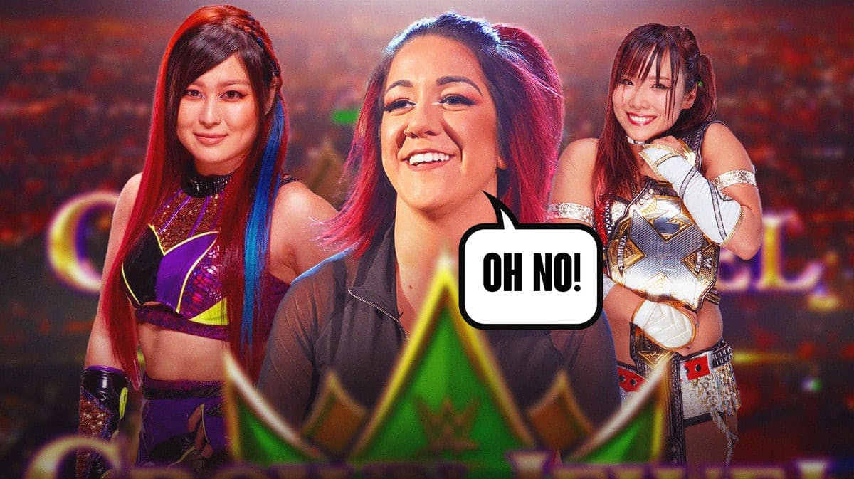 Bayley in the middle with a text bubble reading “Oh no!” with IYO SKY on her left and Kairi Sane on her right with the WWE Crown Jewel logo as the background.