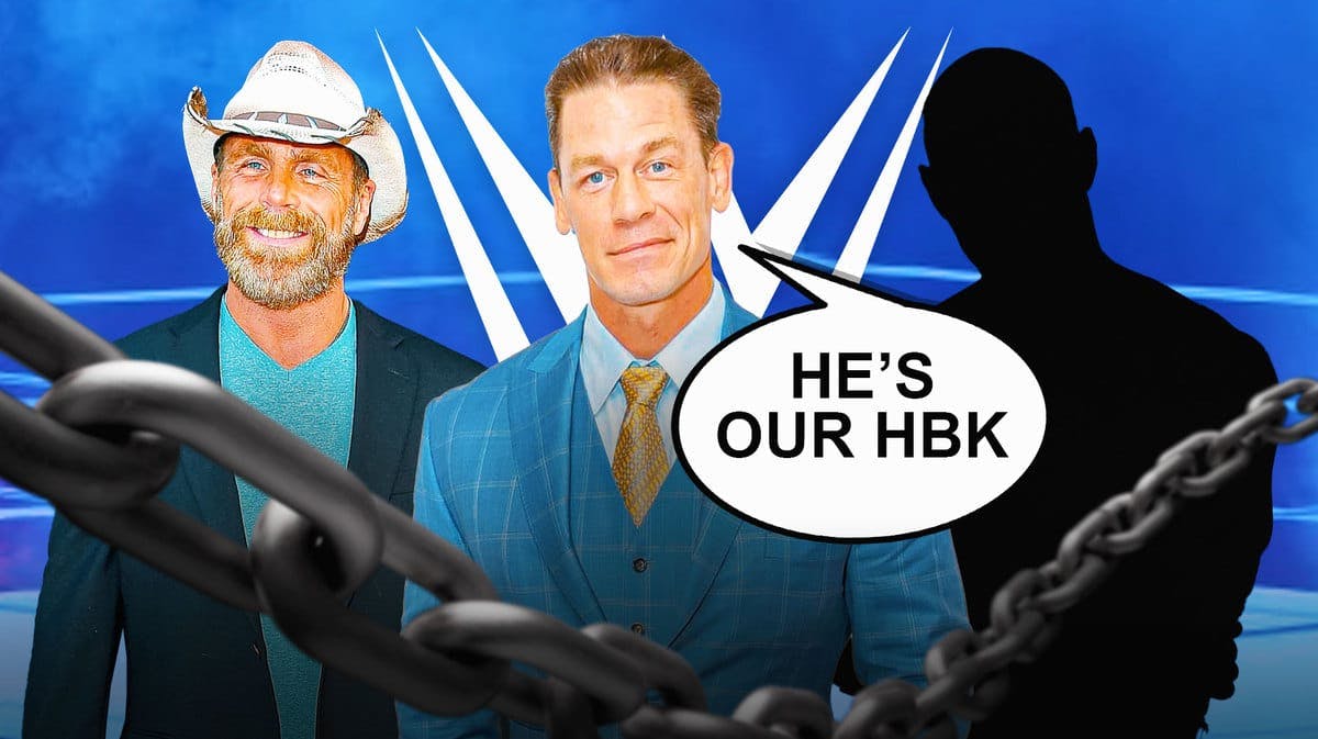 John Cena with a text bubble reading “He’s our HBK” with Shawn Michaels on his left, the blacked-out silhouette of Randy Orton on his right, and the WWE logo as the background.