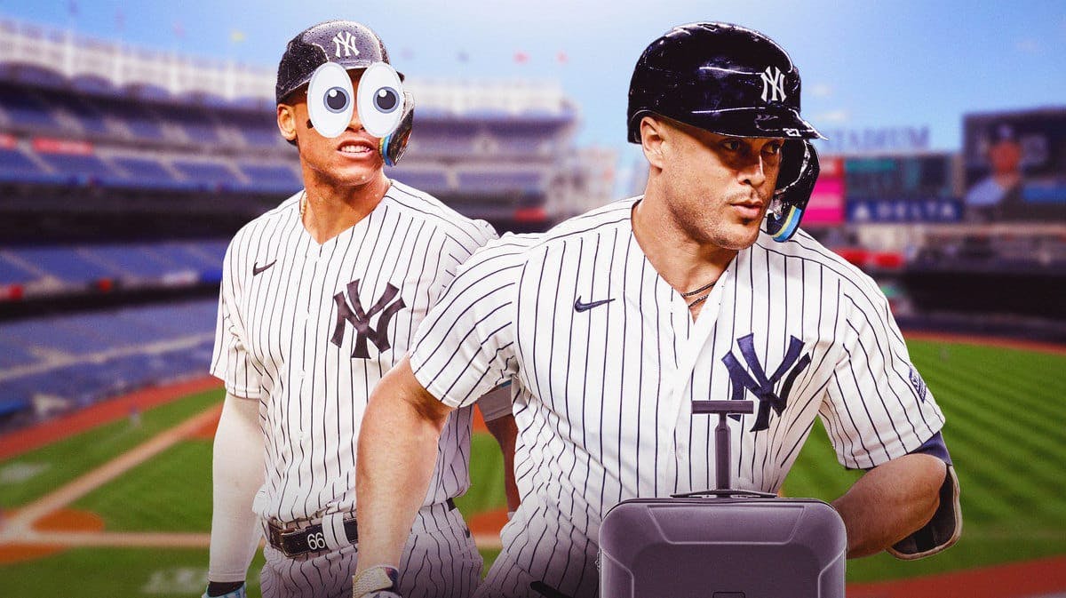 Yankees' Giancarlo Stanton holding a suitcase looking serious. Yankees' Aaron Judge looking at Stanton with eyes popping out.