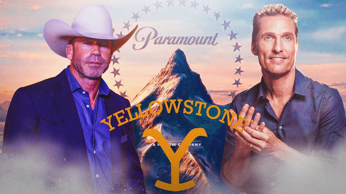 Yellowstone logo and Paramount logo with Taylor Sheridan and Matthew McConaughey around it.