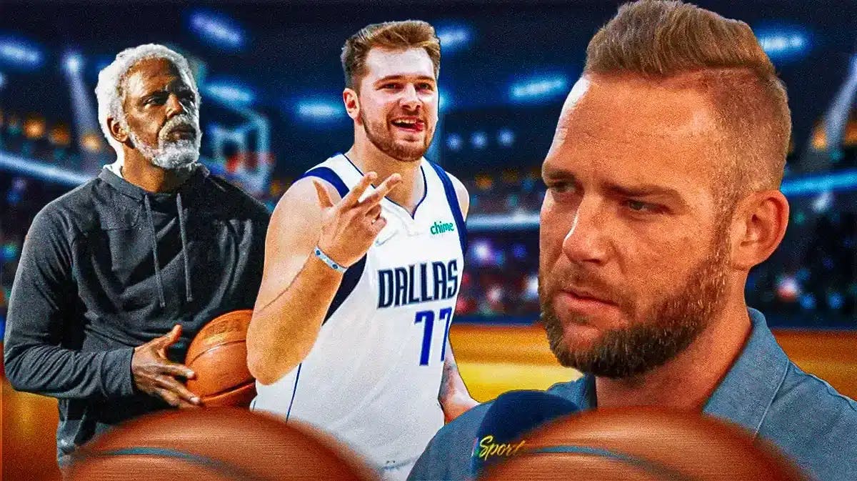 Kyring Irving playing as Uncle Drew and Luka Doncic flexing with Cody Jones of Dude Perfect looking sad.
