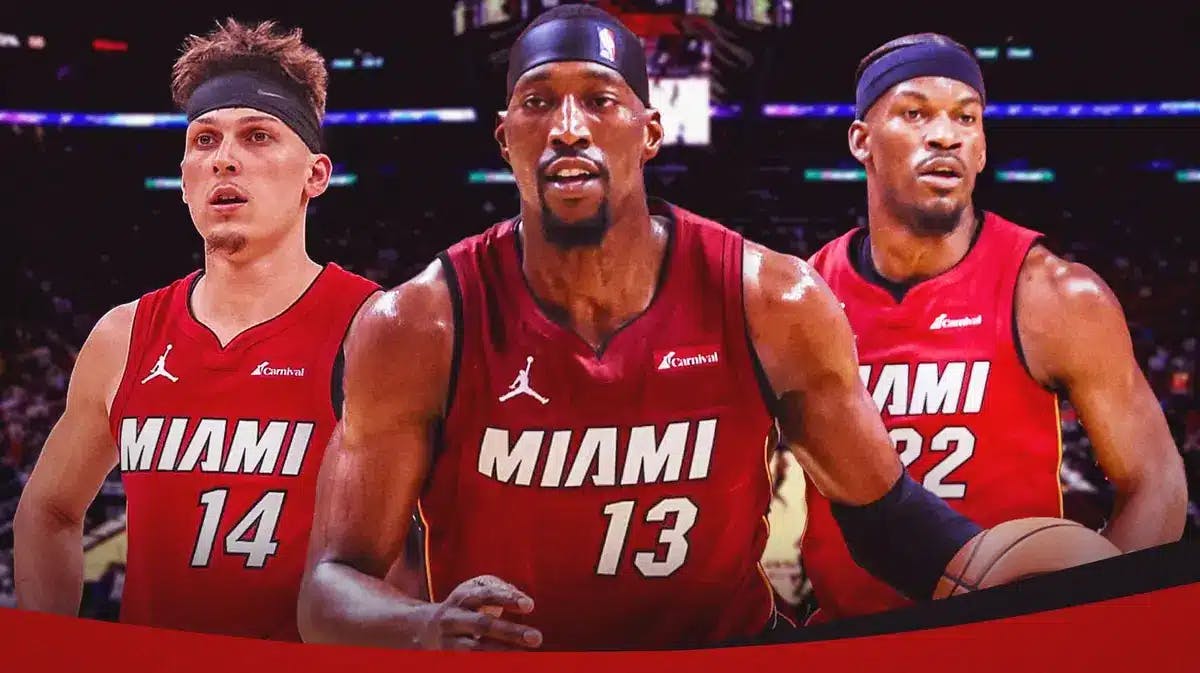 Miami Heat's Bam Adebayo, Tyler Herro, and Jimmy Butler in front of the Kaseya Center.
