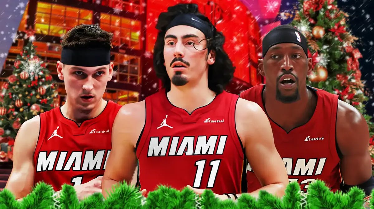Miami Heat's Jaime Jaquez Jr., Tyler Herro, and Bam Adebayo in front of the Kaseya Center with Christmas decorations.
