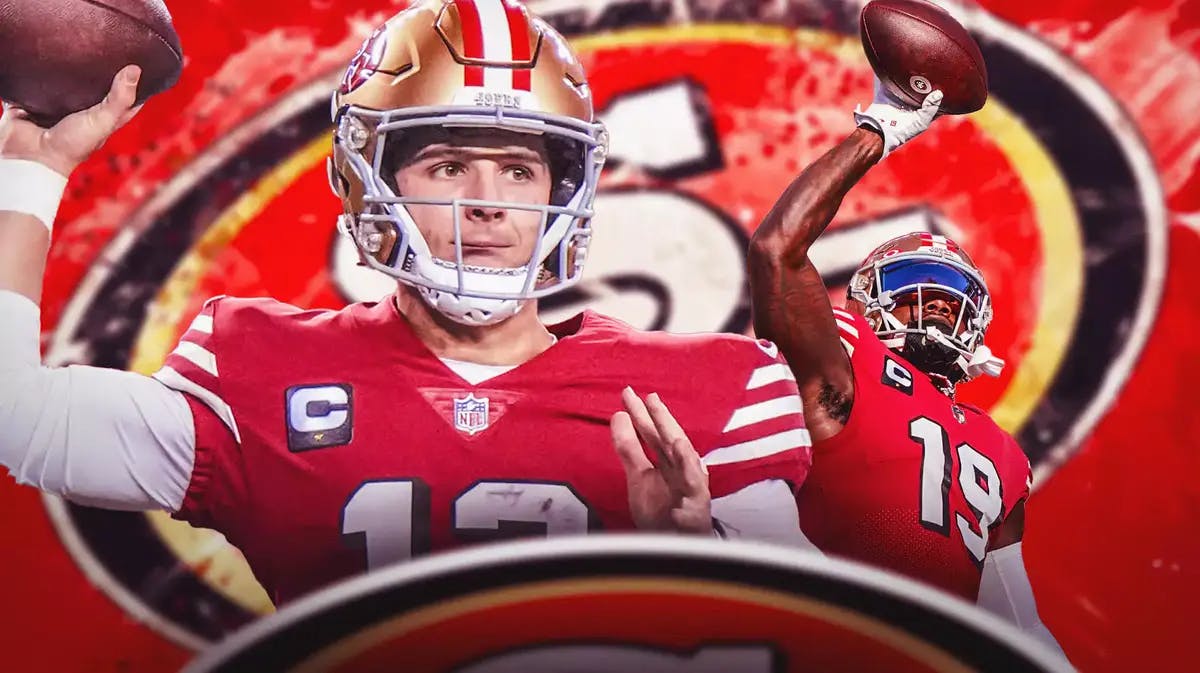 49ers' logo background. 49ers' Brock Purdy throwing a football, 49ers' Deebo Samuel catching a football.