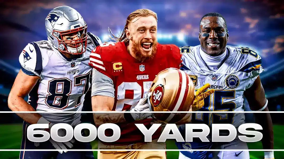 San Francisco 49ers George Kittle (in middle of image), with San Diego Chargers Antonio Gates and New England Patriots Rob Gronkowski in background, and text graphic “6,000 Yards” at bottom of image.
