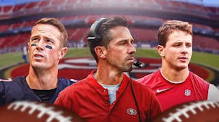 49ers coach Kyle Shanahan between two of his quarterbacks, Matt Ryan and Brock Purdy