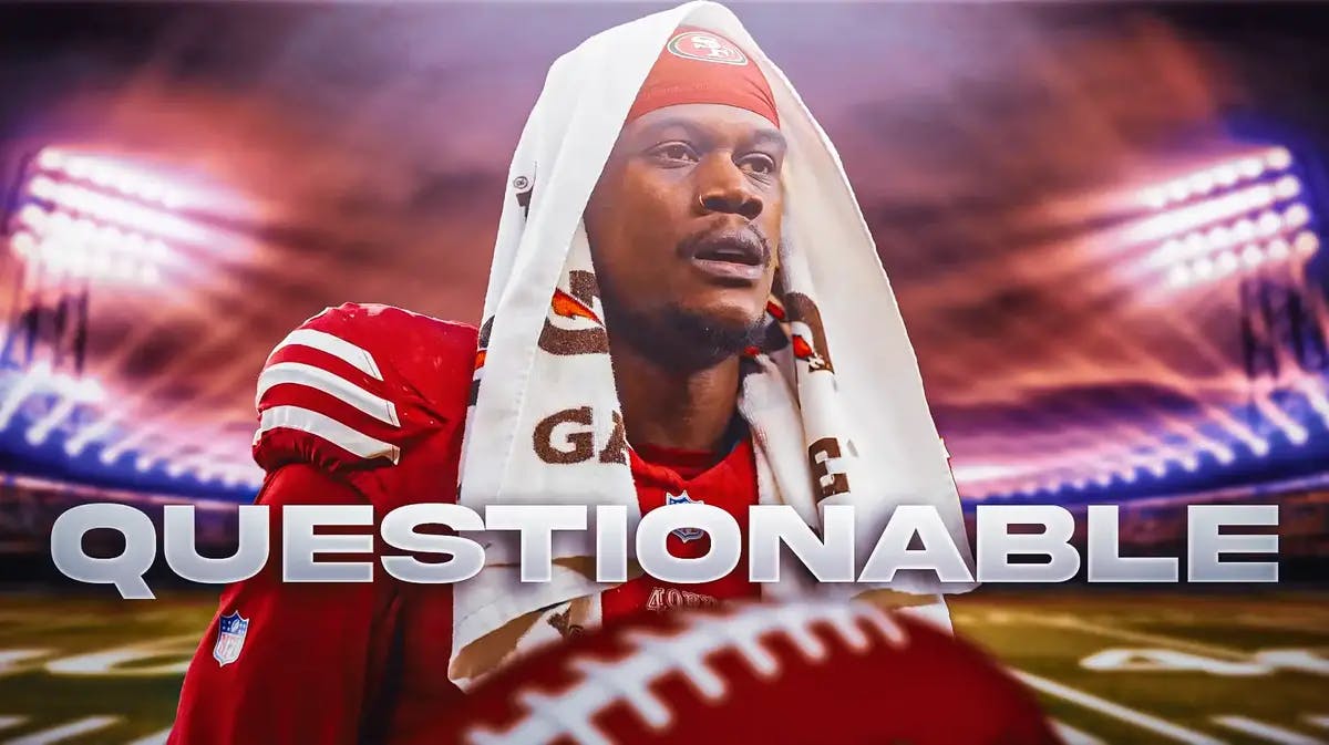 San Francisco 49er Randy Gregory and a text graphic on bottom of image that reads “Questionable”