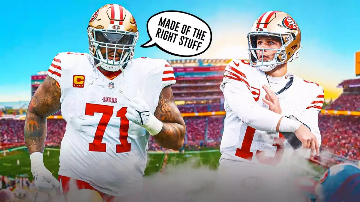 San Francisco 49ers' Trent Williams and speech bubble “Made Of The Right Stuff” and image of 49ers' QB Brock Purdy.