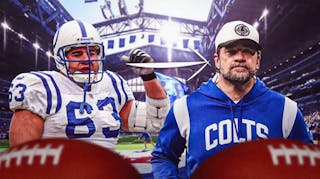 Jeff Saturday coaching in Colts gear and playing in Colts jersey