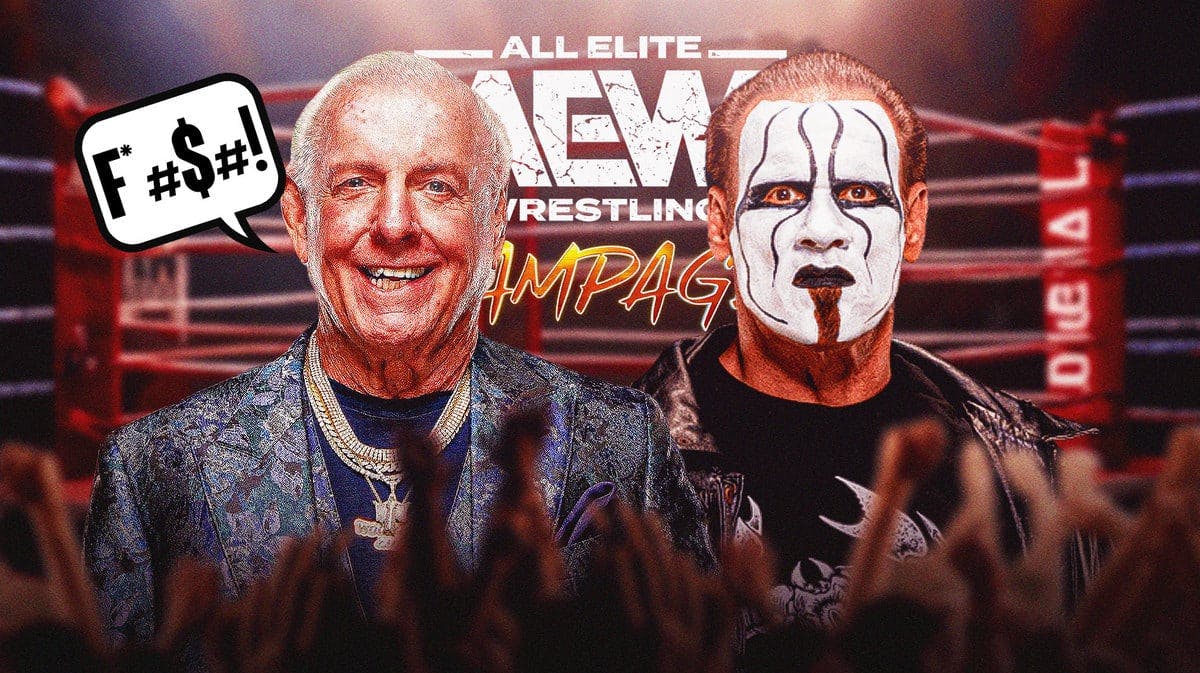 Ric Flair with a a text bubble reading “F*#$#!” next to AEW’s Sting with the AEW Rampage logo as the background.