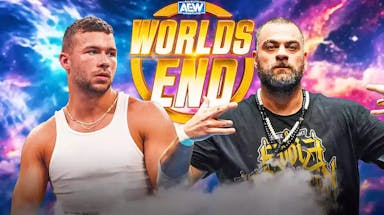 Eddie Kingston and Daniel Garcia in front of the AEW Worlds End logo.