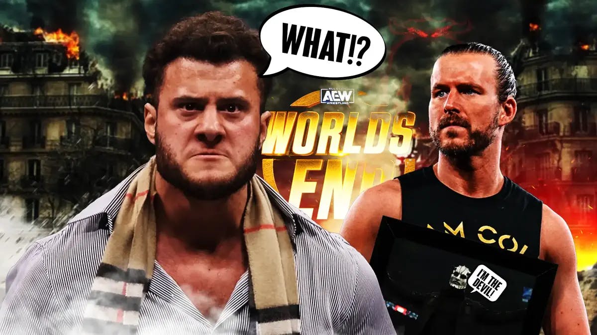 Adam Cole holding a picture of AEW’s The Devil with a text bubble reading “I’m the Devil!” next to a sad MJF with a text bubble reading “What!?” with the AEW Worlds End logo as the background.