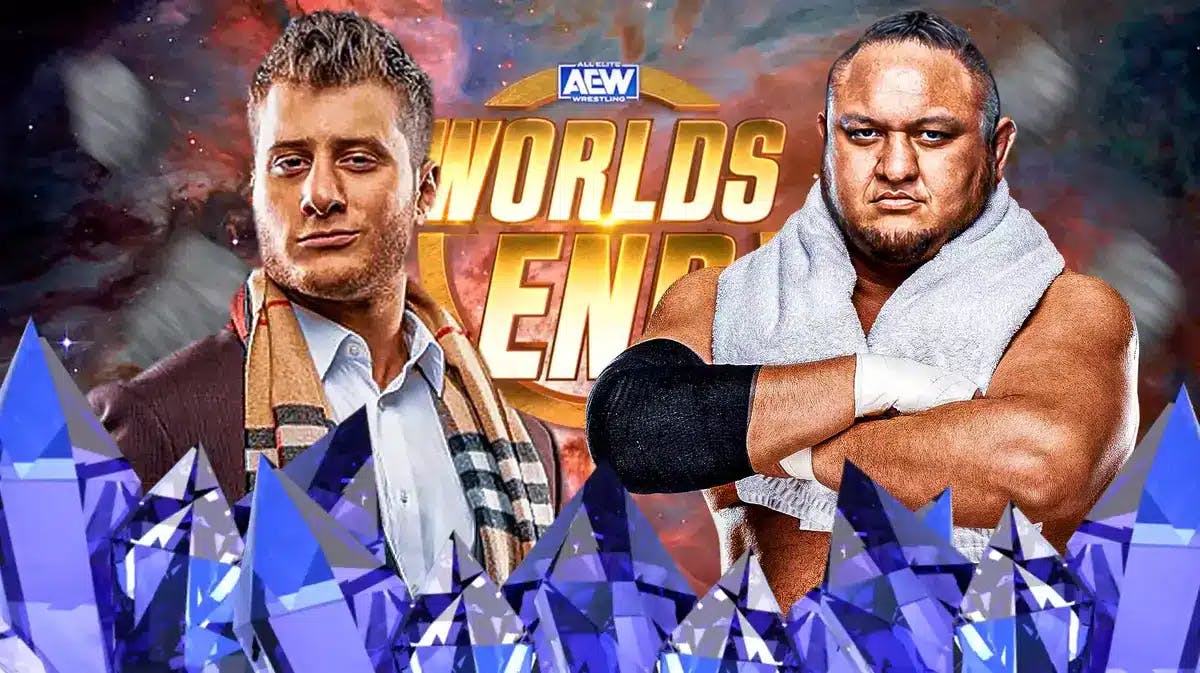 MJF and Samoa Joe with the AEW Worlds End logo as the background.