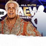 Ric Flair with a text bubble reading “Wooooo!” next to the blacked-out silhouette of Pedro Morales with the AEW logo as the background.