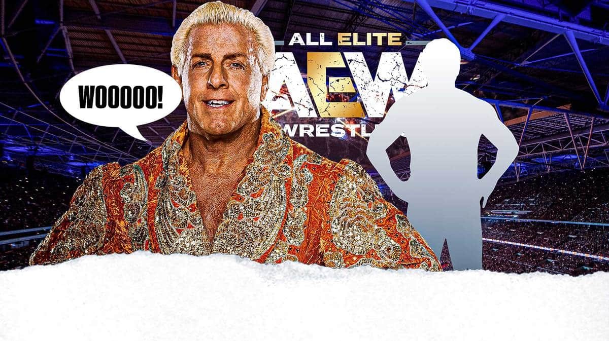 Ric Flair with a text bubble reading “Wooooo!” next to the blacked-out silhouette of Pedro Morales with the AEW logo as the background.