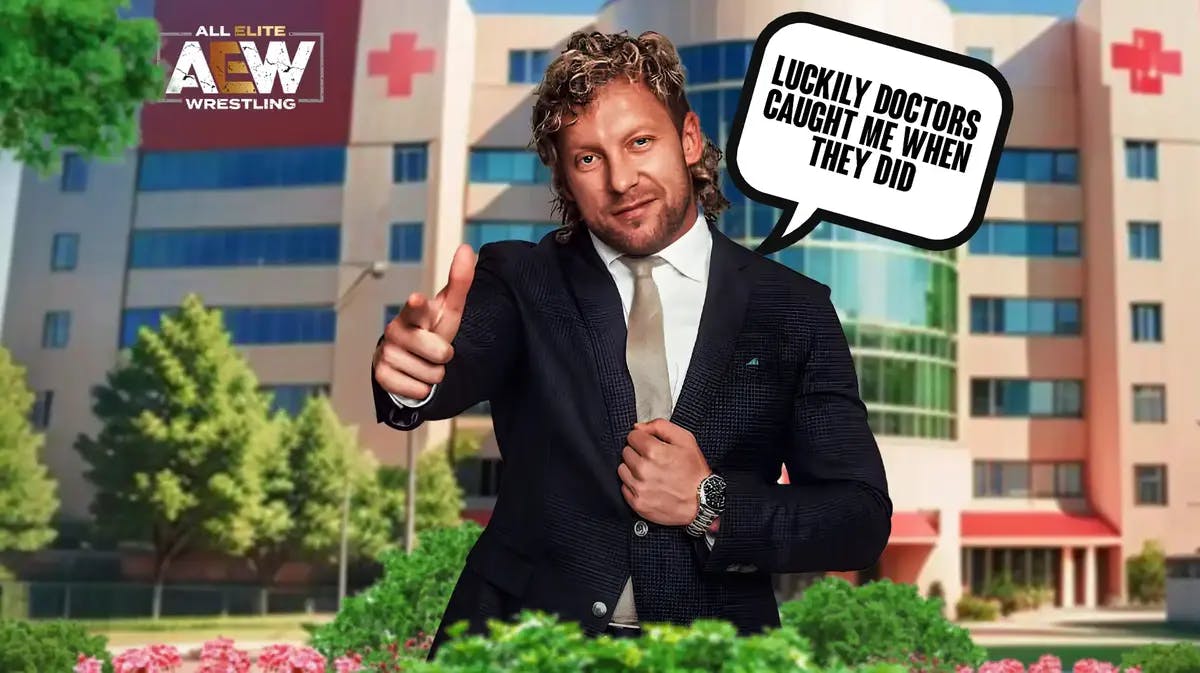 Kenny Omega with a text bubble reading “Luckily doctors caught me when they did” in front of a hospital with the AEW logo on it.