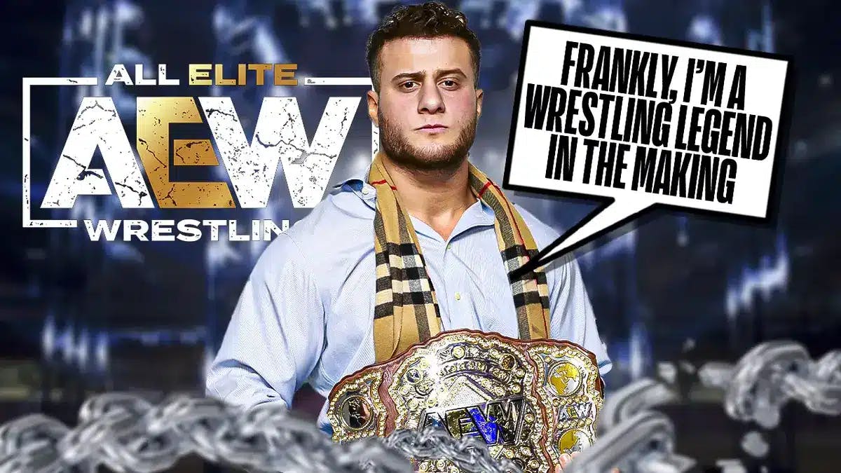 MJF with a text bubble reading “Frankly, I’m a wrestling legend in the making” with the AEW logo as the background.