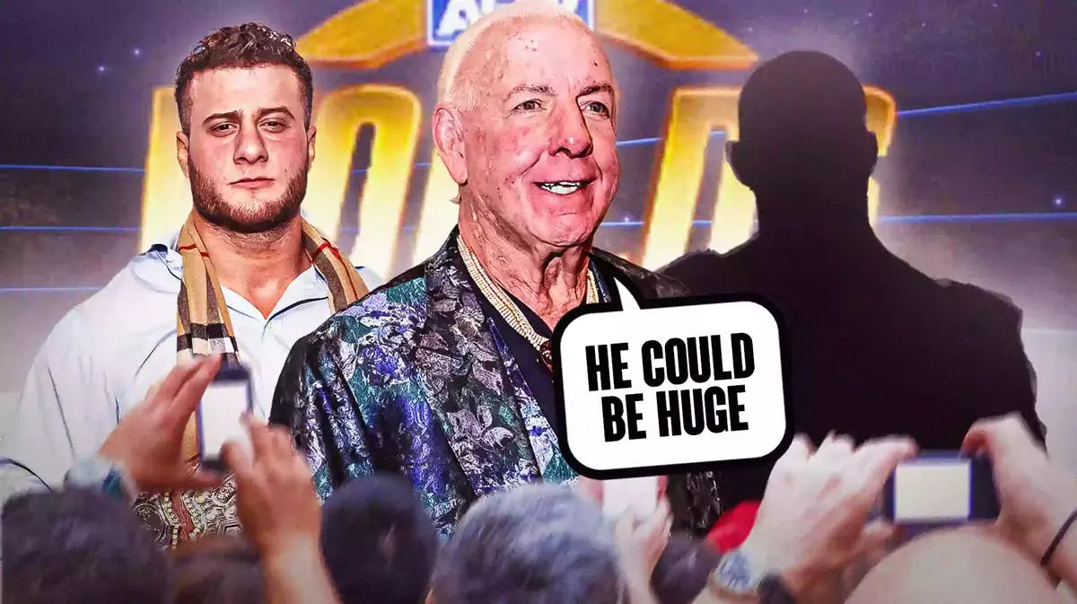 Ric Flair with a text bubble reading “He could be huge” with MJF on his left and the blacked-out silhouette of Randy Orton on his right with the AEW Worlds End logo as the background.