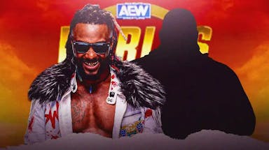 Swerve Strickland next to the blacked-out silhouette of Keith Lee with the AEW Worlds End logo as the background.