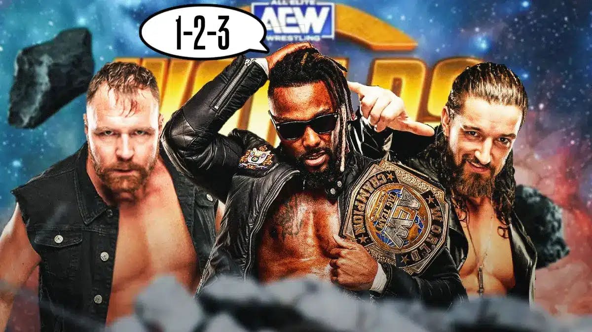 Swerve Strickland with a text bubble reading “1-2-3” with Jon Moxley on his left and “Switchblade” Jay White on his right with the AEW Worlds End logo as the background.
