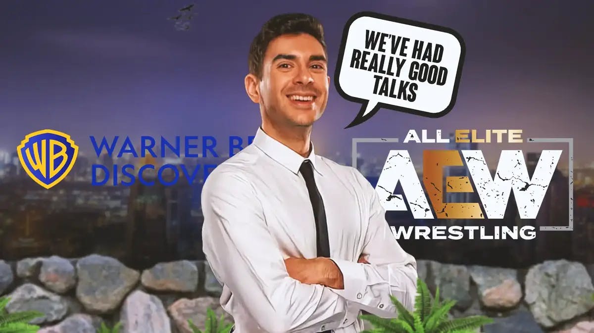 Tony Khan with a text bubble reading “"We’ve had really good talks” with the AEW logo and the Warner Brothers Discovery logo as the background.