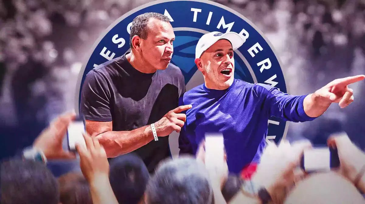 Alex Rodriguez and Marc Lore with Timberwolves logo