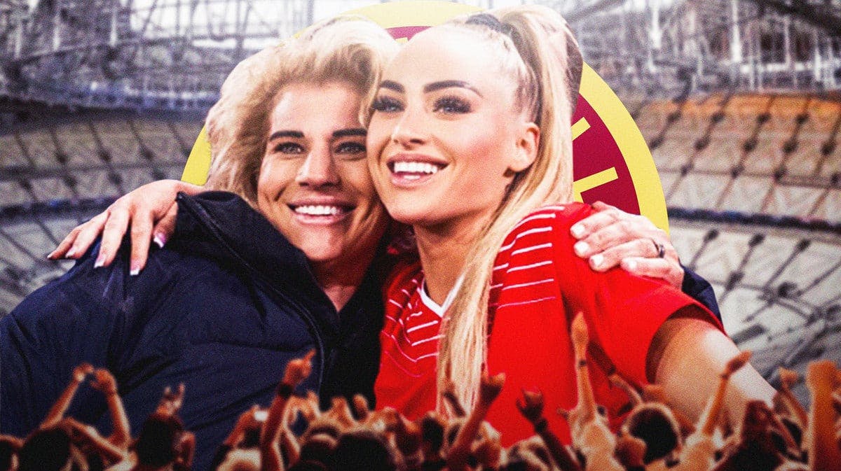Alisha Lehmann together with her mom in front of the Aston Villa logo