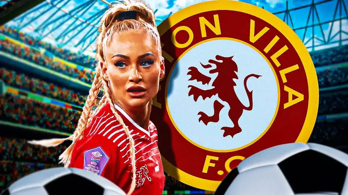 Alisha Lehmann on the soccer field, the Aston Villa logo behind her