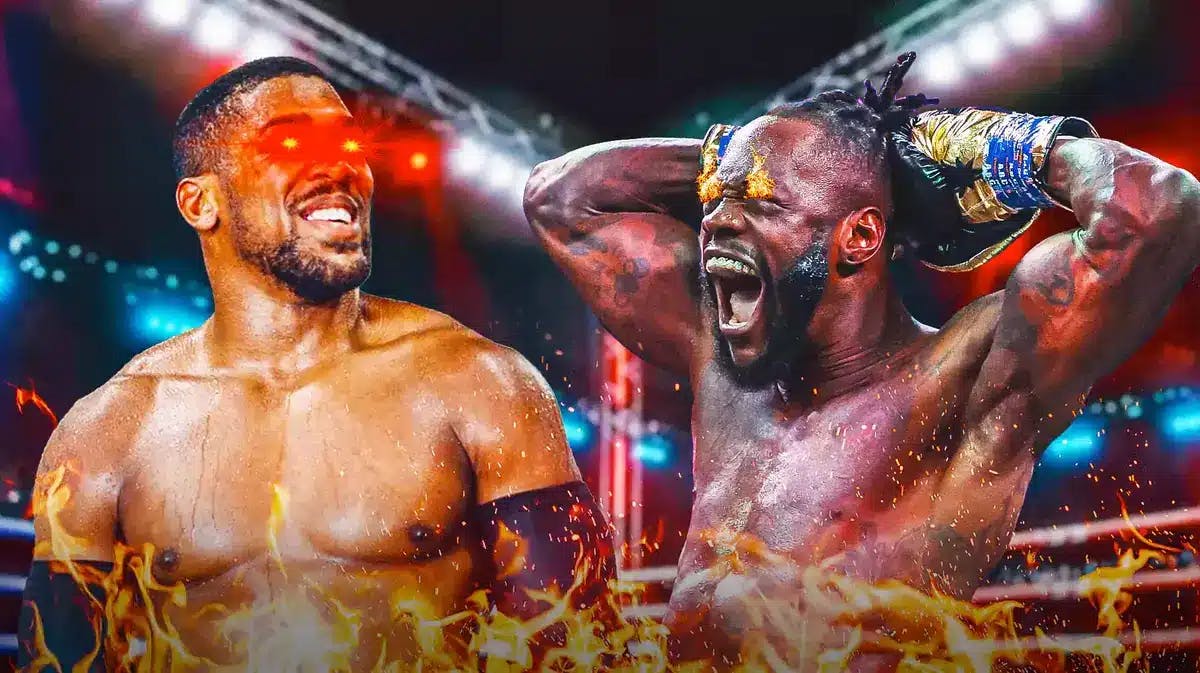 Anthony Joshua with laser eyes, Deontay Wilder with fire in eyes