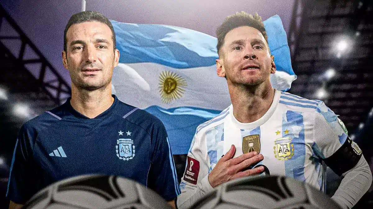 Lionel Scaloni and Lionel Messi in front of the Argentine flag