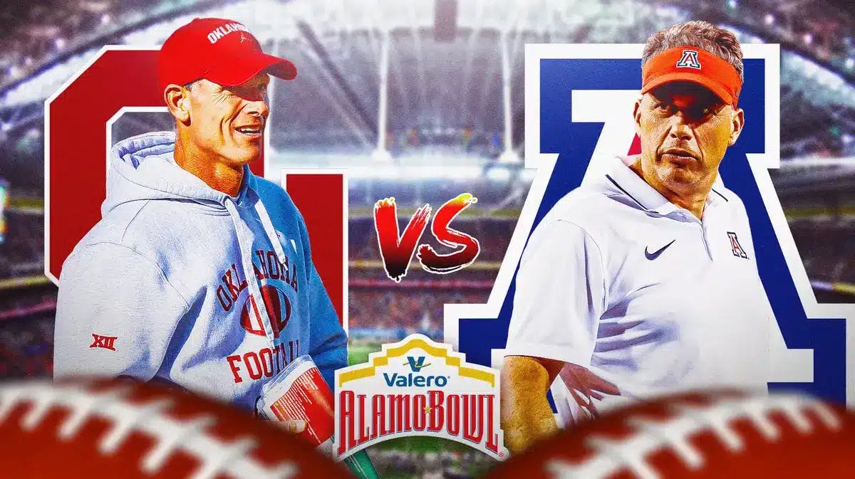 Brent Venables, Oklahoma logo vs. Jedd Fisch, Arizona logo. Valero Alamo Bowl logo in front.