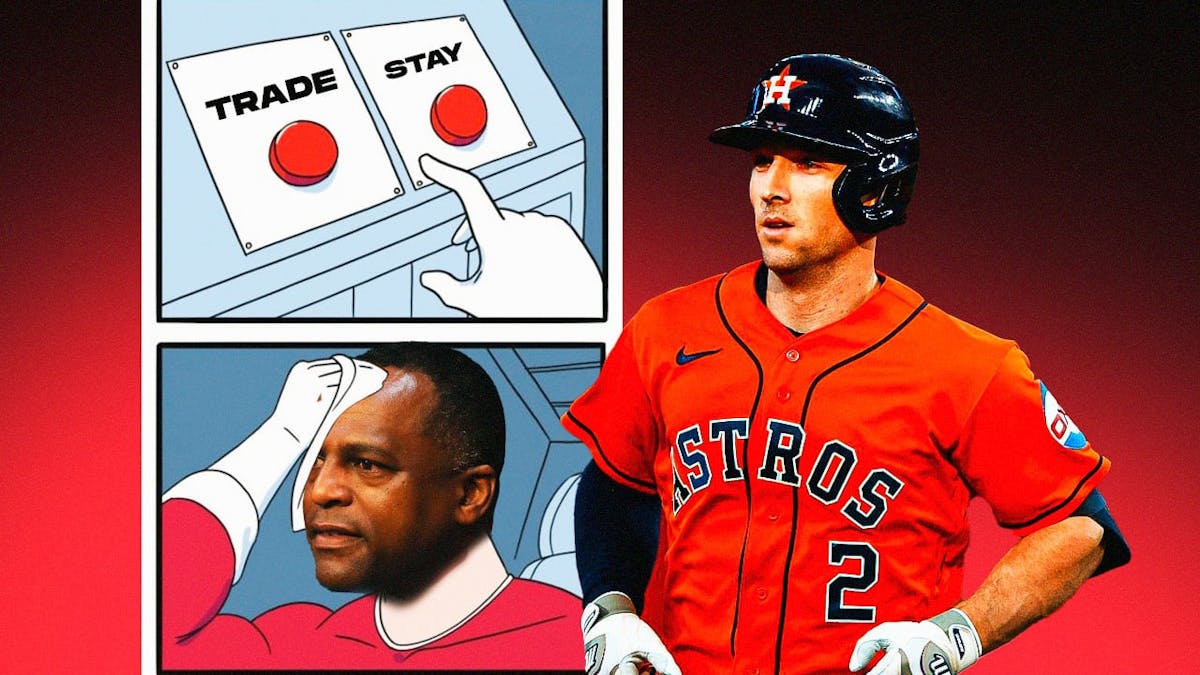 Dana Brown (Astros GM) in the two buttons meme, TRADE / STAY, with Alex Bregman looking on, smiling