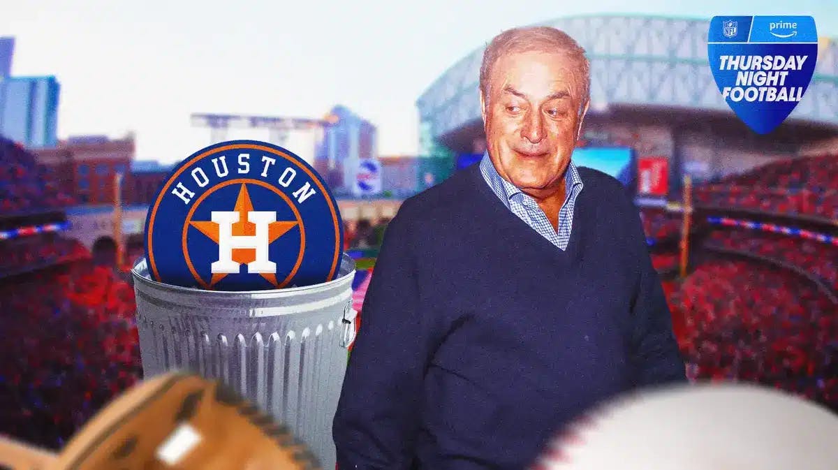 Al Michaels next to an Houston Astros trash can