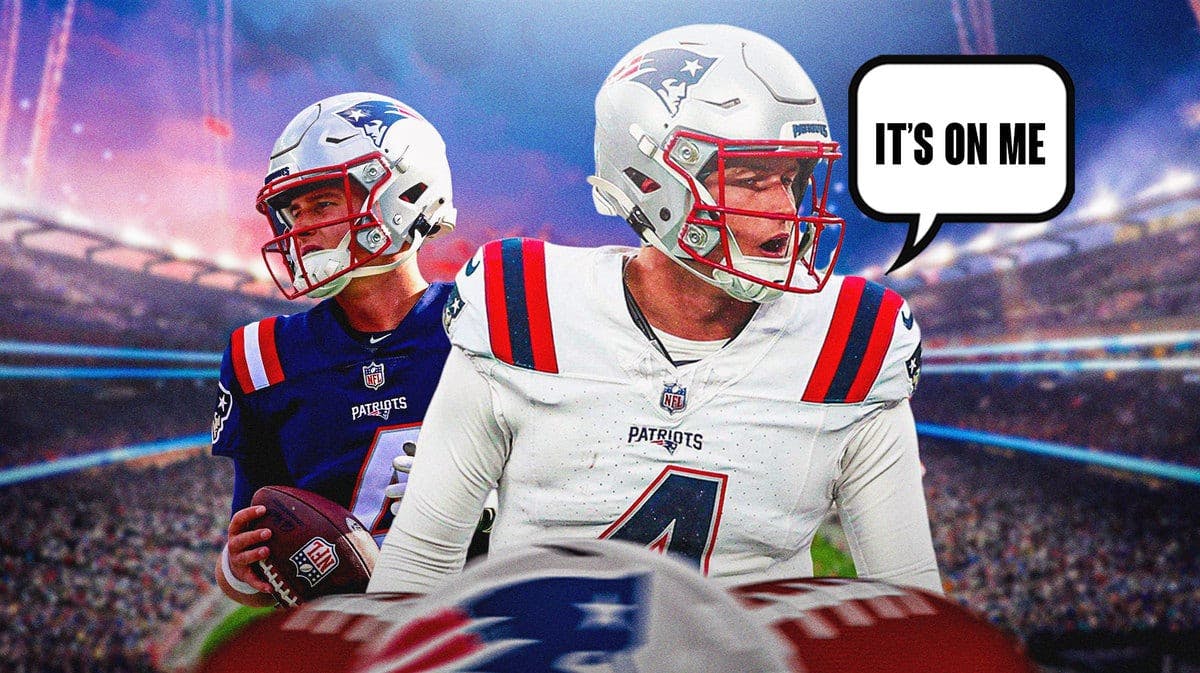 Patriots quarterback Bailey Zappe with quote bubble saying, "It's on me'