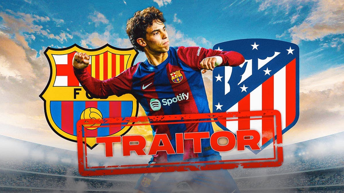 Joao Felix in front of the Atletico Madrid and Barcelona logos, a ‘traitor’ stamp in front of him