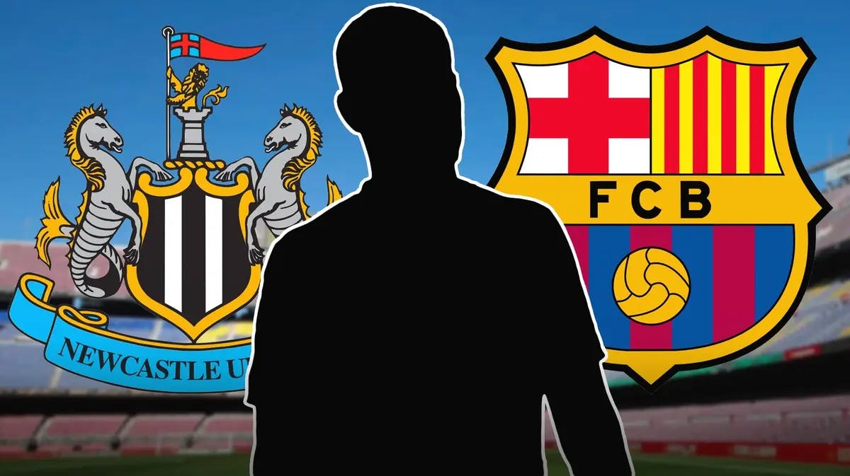 the silhouette of Bruno Guimaraes in front of the Newcastle and Barcelona logos