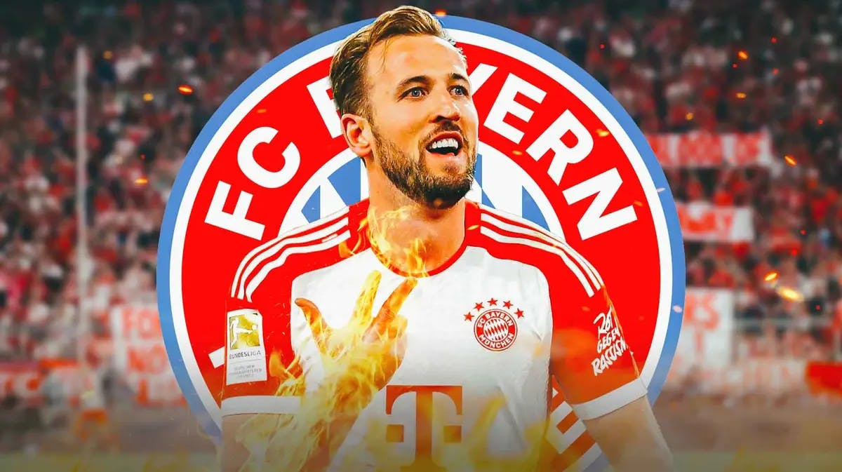 Harry Kane on fire in front of the Bayern Munich logo
