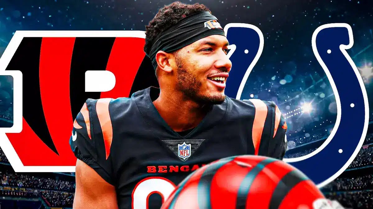 Tyler Boyd in front of the Colts and Bengals logos