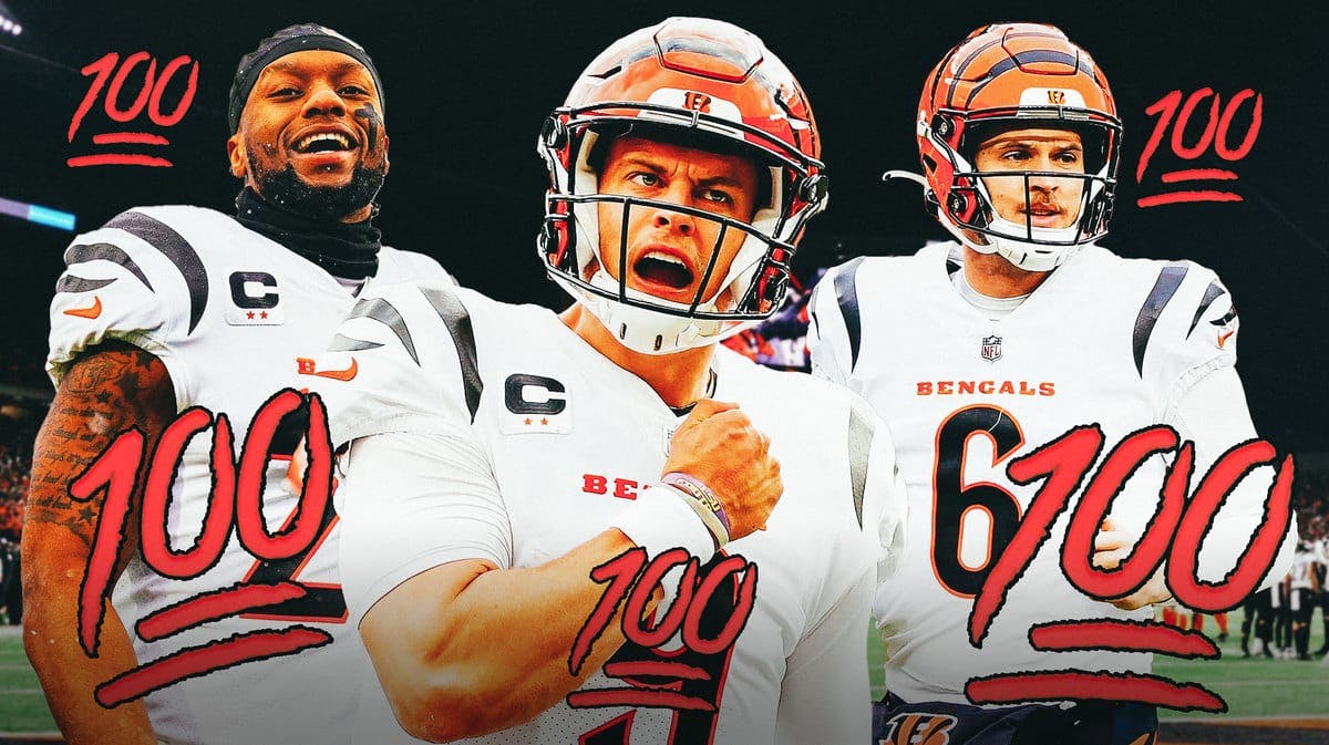 Bengals' Joe Mixon, Jake Browning, and Joe Burrow hyped up, with the 100 emoji all over them