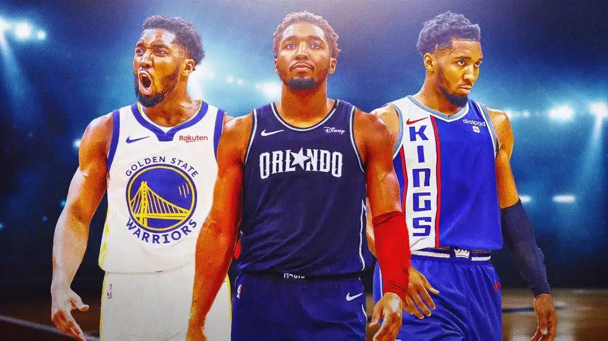 Photo: Donovan Mitchell in Magic, Kings, Warriors jersey, also three separate thumbs of Mitchell in a jersey from each team so I need 4 SEPARATE thumbs in total please