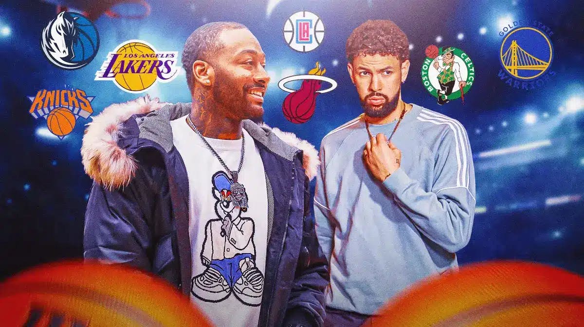 John Wall, Austin Rivers together. Place the Lakers, Mavs, Knicks, Heat, Clippers, Celtics, and Warriors logos all around them.