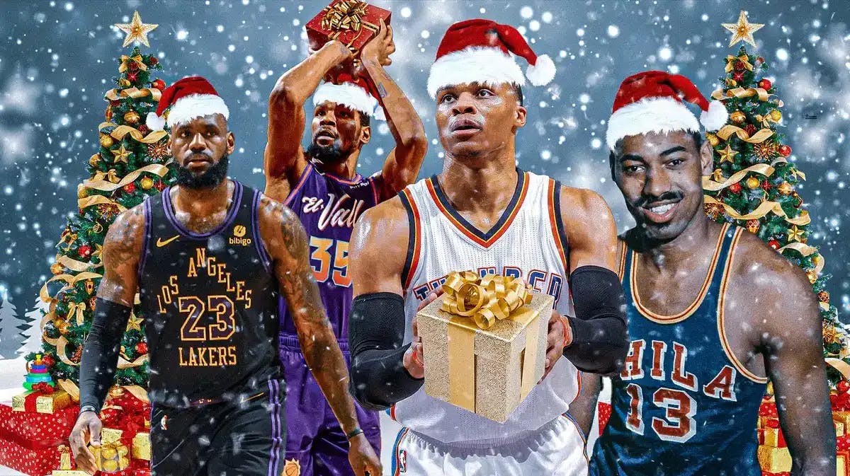 Kevin Durant (Suns), Russell Westbrook (Thunder), LeBron James (Lakers), Wilt Chamberlain. All with Santa Claus hats on. A couple of them in their shooting forms but shooting a present instead of a ball. Christmas themed stuff in the background (trees, presents, snow, reindeer, etc.)