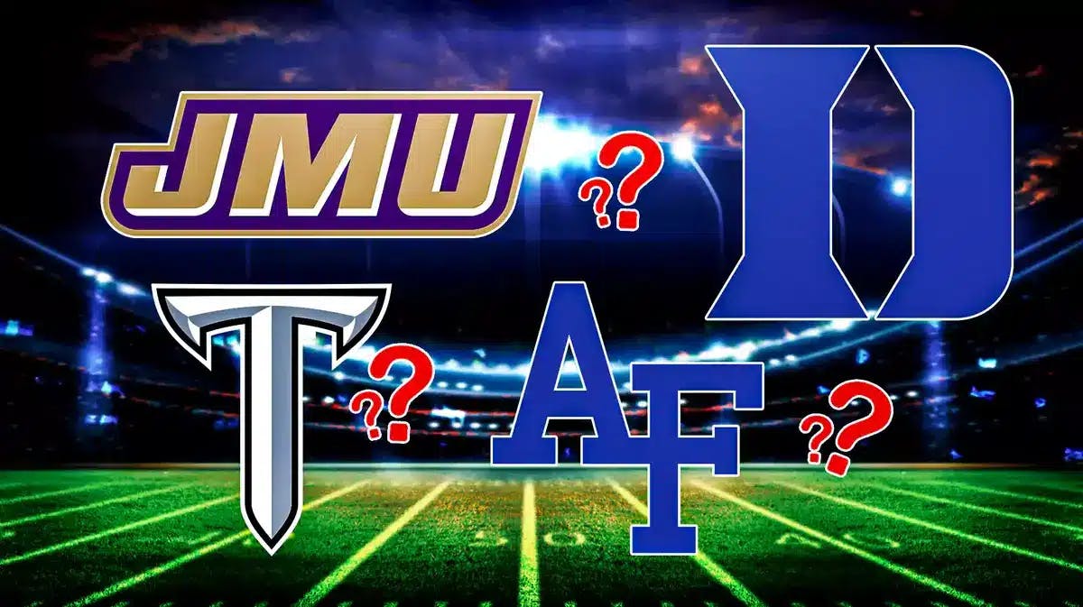 Troy football, Duke football, James Madison football, and Air Force football logos all in image. Question marks everywhere.