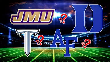 Troy football, Duke football, James Madison football, and Air Force football logos all in image. Question marks everywhere.