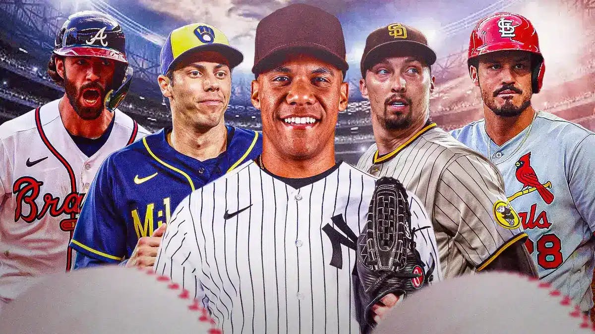 In the middle of the graphic is Juan Soto in Yankees jersey. Around him are Nolan Arenado (Cardinals), Christian Yelich (Brewers), Dansby Swanson (Braves), Blake Snell (Padres).