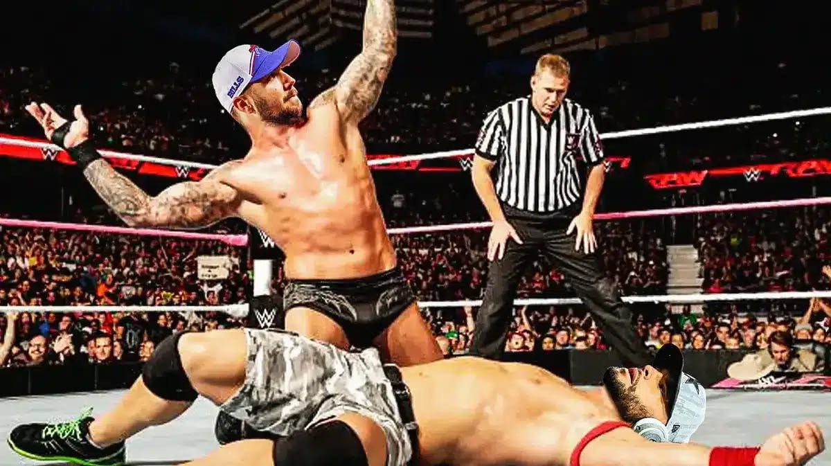 Josh Allen (Bills) as Randy Orton and Dak Prescott (Cowboys) as John Cena lying on the canvas