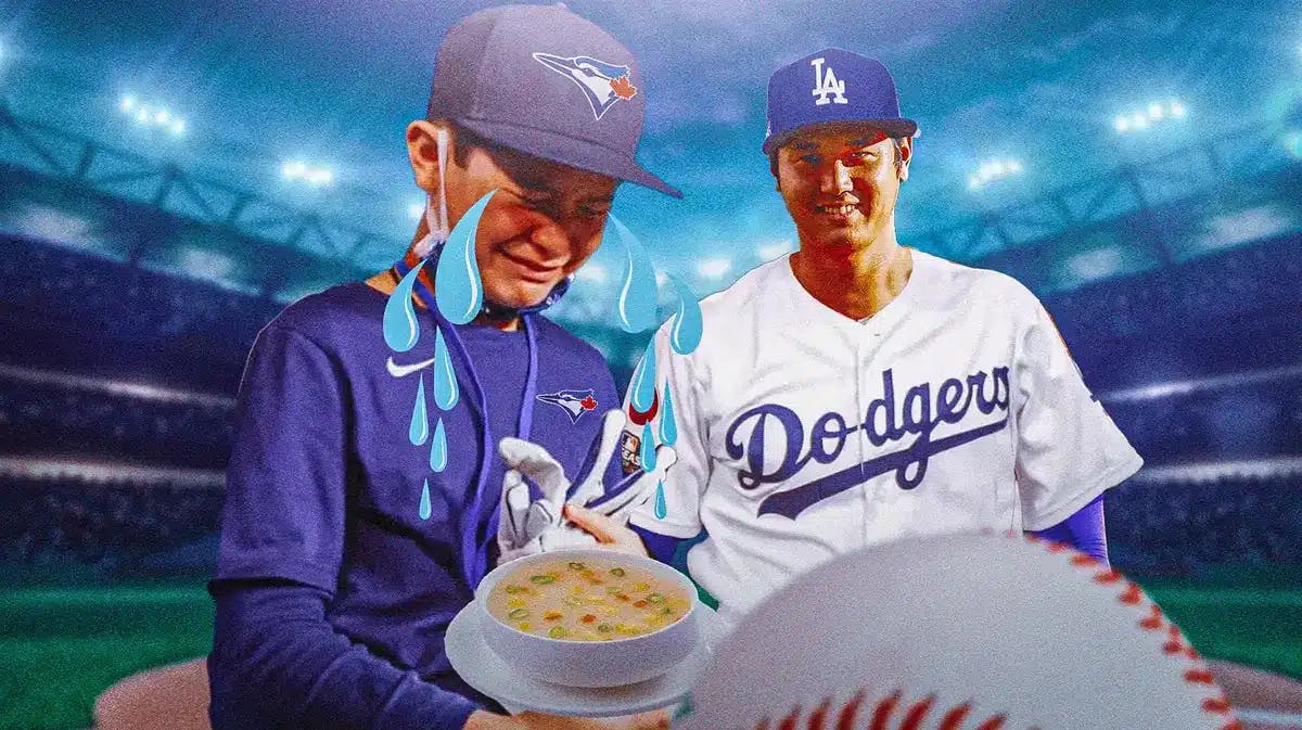 Crying Blue Jays fan next to Shohei Ohtani in a Dodgers uniform